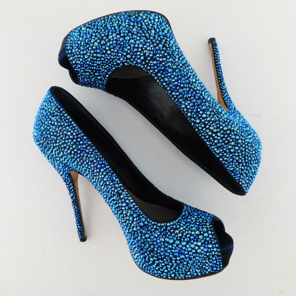 GUCCI Brilliant Blue Crystal Open Toe Heel Pumps 37.5 - Picture 4 of 11